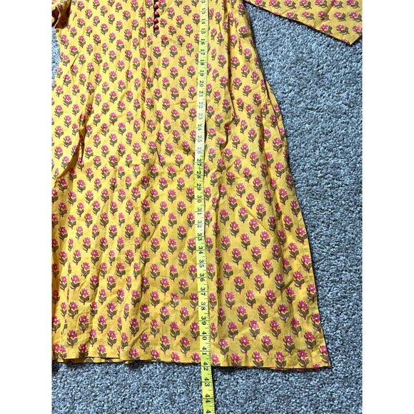 Meesan Womens Sz XL Yellow Floral Print Knee-Length Cotton Kurta With 3/4 Sleeve - Picture 9 of 10